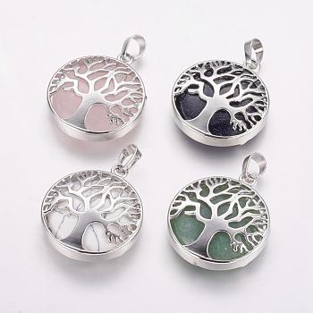 Natural & Synthetic Mixed Stone Pendants, with Brass Findings, Dyed, Platinum, Flat Round with Tree, 31x27x6.5~7mm, Hole: 5x8mm
