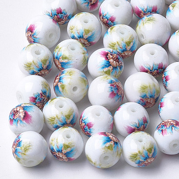 Printed & Spray Painted Glass Beads, Round with Flower Pattern, Colorful, 8~8.5x7.5mm, Hole: 1.4mm