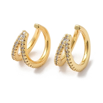 Clear Cubic Zirconia Double Line Cuff Earrings, Rack Plating Brass Jewelry, Long-Lasting Plated, Cadmium Free & Lead Free, Real 18K Gold Plated, 13x13x8mm
