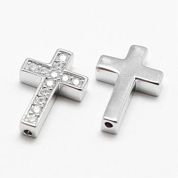 Brass Micro Pave Grade AAA Cubic Zirconia Beads, Cross, Cadmium Free & Nickel Free & Lead Free, Real Platinum Plated, 18.8x12.8x3.8mm, Hole: 1.5mm