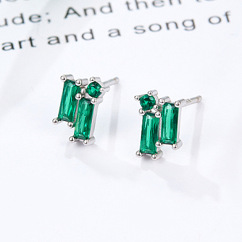 Cubic Zirconia Rectangle Stud Earrings, Silver 925 Sterling Silver Post Earrings, with 925 Stamp, Dark Green, 8.5x5.8mm