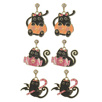 Halloween Theme Alloy Enamel Cat Dangle Stud Earrings with Brass Pins, Clear Cubic Zirconia Earrings, Mixed Shapes, 30~35x24~30mm