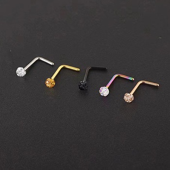 304 Stainless Steel Rhinestone Round Ball L-Shaped Nose Rings, Stainless Steel Color, 7mm, Pin: 0.8mm, Head: 3mm