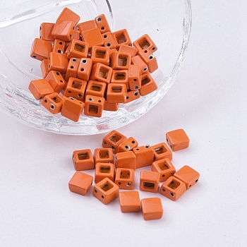 Alloy Multi-Strand Links, Spray Painted, Square, Orange Red, 6x6x4mm, Hole: 0.8mm