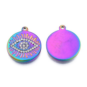 304 Stainless Steel Pendants, with Crystal Rhinestone, Flat Round with Eye, Rainbow Color, 21x18x2.5mm, Hole: 1.4mm