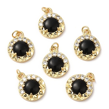 Natural Black Agate Pendants, Flat Round Charms, with Rack Plating Brass Micro Pave Clear Cubic Zirconia Findings and Jump Ring, Cadmium Free & Lead Free, Real 18K Gold Plated, 15.5x12.5x4mm, Hole: 2.5mm