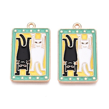 Tarot Card Theme Alloy Enamel Pendants, Lead Free & Cadmium Free, Golden, Cat Pattern, Rectangle, 30x18x1mm, Hole: 1.6mm