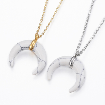 304 Stainless Steel Pendant Necklaces, Natural Howlite Pendants, with Lobster Claw Clasps, Double Horn/Crescent Moon, Mixed Color, 18.11 inch(46cm)