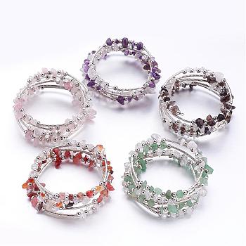 Five Loops Wrap Gemstone Beads Bracelets, with Crystal Chips Beads and Iron Spacer Beads, Mixed Color, 2 inch(52mm)