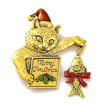 Christmas Theme Enamel Pins, Alloy Brooches for Backpack Clothes, Cat Shape, 55x50x3mm