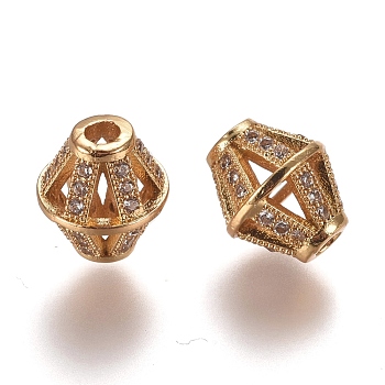 Hollow Brass Micro Pave Clear Cubic Zirconia Beads, Bicone, Golden, 11x10mm, Hole: 2.5mm
