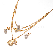 Lock 304 Stainless Steel Tri-Tiered Necklaces and Ear Studs Jewelry Sets, with Polymer Clay Rhinestone and Lobster Claw Clasps, Golden, 18.7 inch, 2mm, 8mm, Pin: 0.8mm(SJEW-M077-15G)