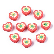Handmade Polymer Clay Beads, Heart with Flower Pattern, Tomato, 9x9~10x4~5mm, Hole: 1.5mm(CLAY-N011-013C)