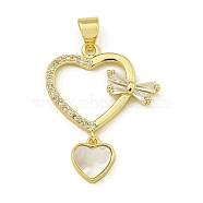 Rack Plating Brass Clear Cubic Zirconia Pendants, Natural Shell Heart Charms with Bowknot, Lead Free & Cadmium Free, Long-Lasting Plated, Real 18K Gold Plated, 23x20x3mm, Hole: 4x3.5mm(KK-U029-04G)