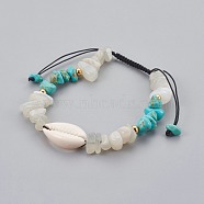 Synthetic Turquoise(Dyed) & Natural White Moonstone Chip Braided Bead Bracelets, with Cowrie Shell, 1-7/8 inch~3-1/8 inch(4.7~8cm)(BJEW-JB04080-03)