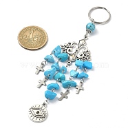Flat Round with Eye Alloy Pendant Keychains, with Synthetic Turquoise Chip Beads and Cross Charms, for Women Bag Car Key Pendant Decoration, 15.2x2.9cm(KEYC-JKC00544-02)