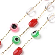Flat Round with Evil Eye Glass Beaded Chains, with Golden 304 Stainless Steel Paperclip Chains, Unwelded, Red, 6x4mm, 7.5x4.5x3mm(AJEW-J035-04G-03)