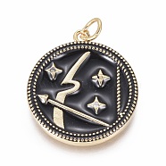Brass Micro Pave Cubic Zirconia Pendants, with Enamel and Jump Ring, Flat Round with Constellations, Golden, Sagittarius, 23x21x2.5mm, Hole: 3mm(ZIRC-L083-013B-10G)