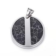 304 Stainless Steel Pendants, Flat Round, with Natural Howlite, Dyed, Stainless Steel Color, 32x2.5mm, Hole: 7x5mm(STAS-H327-04P)