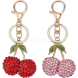 2Pcs 2 Colors Zinc Alloy Rhinestone Keychain, with Iron Key Rings, Cherry, Mixed Color, 11.9cm, 1pc/color(KEYC-BC0001-13)