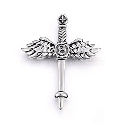304 Stainless Steel Big Pendants, Sword with Wing, Antique Silver, 61x50x8.5mm, Hole: 5x3mm(STAS-O106-27AS)