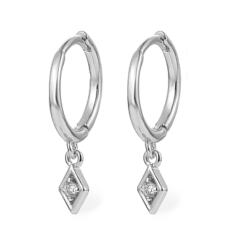 Clear Cubic Zirconia Rhombus Dangle Hoop Earrings, 925 Sterling Silver Earrings, Silver, 18mm