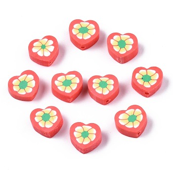 Handmade Polymer Clay Beads, Heart with Flower Pattern, Tomato, 9x9~10x4~5mm, Hole: 1.5mm
