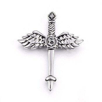 304 Stainless Steel Big Pendants, Sword with Wing, Antique Silver, 61x50x8.5mm, Hole: 5x3mm