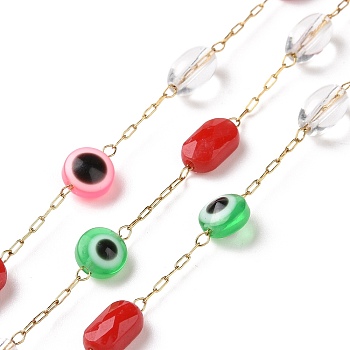 Flat Round with Evil Eye Glass Beaded Chains, with Golden 304 Stainless Steel Paperclip Chains, Unwelded, Red, 6x4mm, 7.5x4.5x3mm