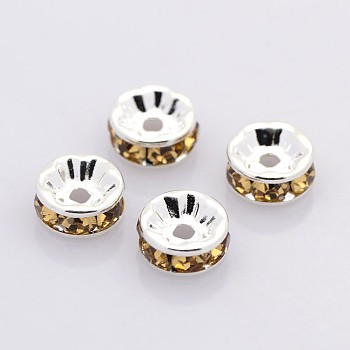 Brass Rhinestone Spacer Beads, Grade A, Straight Flange, Silver Color Plated, Rondelle, Light Colorado Topaz, 6x3mm, Hole: 1mm