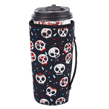 Neoprene Cup Sleeve, Insulated Reusable Coffee & Tea Cup Sleeves, with Handle, Skull Pattern, 186x140mm