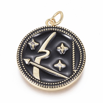 Brass Micro Pave Cubic Zirconia Pendants, with Enamel and Jump Ring, Flat Round with Constellations, Golden, Sagittarius, 23x21x2.5mm, Hole: 3mm