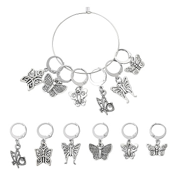 Butterfly Alloy Multifunction Pendant Decorations, with 304 Stainless Steel Leverback Clasps, Antique Silver & Stainless Steel Color, 25~34mm, 6 style, 1pc/style, 6pcs/set
