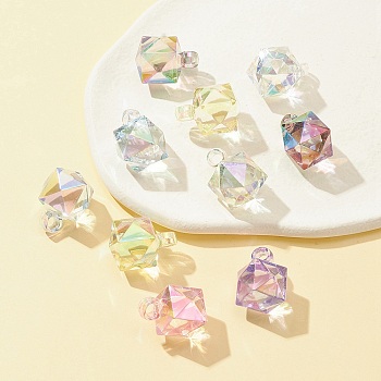 Transparent Acrylic Pendant, AB Color Plated, Faceted Square, Mixed Color, 21x16x16mm, Hole: 3mm