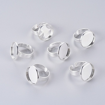 Adjustable Brass Finger Rings Components, Pad Ring Base Findings, Flat Round, Silver Color Plated, 17mm, Tray: 18mm