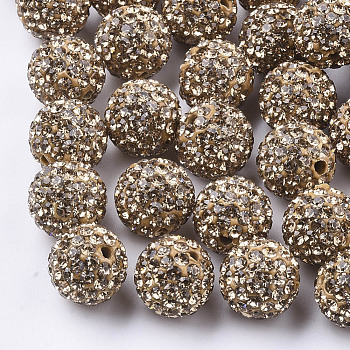 Handmade Polymer Clay Rhinestone Beads, Round, Pave Disco Ball Beads, Light Topaz, PP13(1.9~2mm), 7 rows rhinestone, 11.5~12mm, Hole: 1.4mm