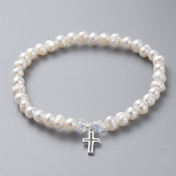 Natural Freshwater Pearl Beads Stretch Bracelets, with 925 Sterling Silver Charms, Austrian Crystal Beads and Cardboard Boxes, Cross, White, 2 inch(5.2cm)