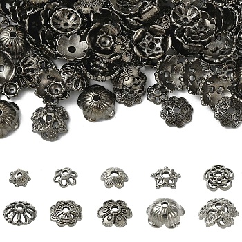 200Pcs 10 Styles Zinc Alloy Bead Caps, Flower, Gunmetal, 6~11.5x6~11.5x2.5~5mm, Hole: 1~1.8mm, 20pcs/style
