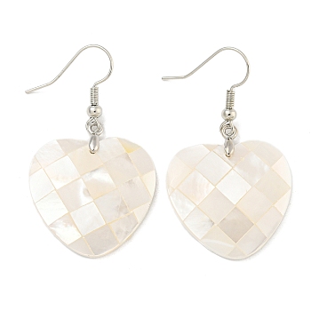 Rack Plating Brass Natural White Shell Dangle Earrings, Platinum, Creamy White, Heart, 45x26mm