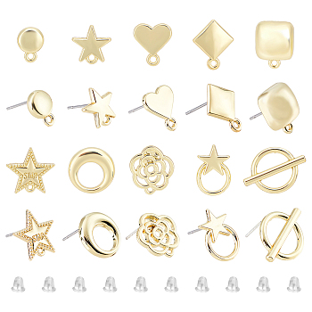 CHGCRAFT 40Pcs 10 Style Alloy Stud Earring Findings, with Loop and Steel Pin, with Plastic Protective Cover, 50Pcs Plastic Ear Nuts, Star & Flower & Heart & Flat Round & Ring & Square, Light Gold, 10~16.5x7.5~14mm, Hole: 1~7mm, Pin: 0.7~0.8mm, 4pcs/style
