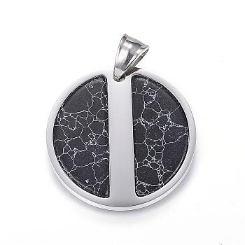 304 Stainless Steel Pendants, Flat Round, with Natural Howlite, Dyed, Stainless Steel Color, 32x2.5mm, Hole: 7x5mm