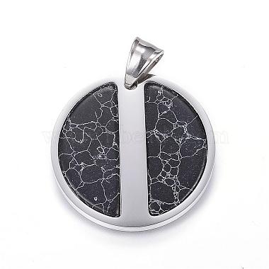 Stainless Steel Color Black Flat Round Natural Turquoise Pendants