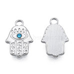 304 Stainless Steel Pendants, with Aquamarine Rhinestone, Hamsa Hand/Hand of Miriam, Stainless Steel Color, 17.5x11x2mm, Hole: 2mm(STAS-N098-157P)