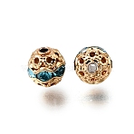 Brass Rhinestone Beads, Round, Nickel Free, Real 18K Gold Plated, Blue Zircon, 6mm, Hole: 1.2mm(RB-K001-01G-02)