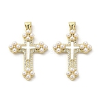 Brass Pave Shell Pendants, Religion Cross Charms with ABS Imitation Pearl, Real 18K Gold Plated, Cross, 34x22.5x4.5mm, Hole: 3.5x4mm(KK-I708-17B-G)