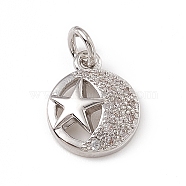 Brass Micro Pave Cubic Zirconia Charms, with Jump Rings, Flat Round with Star & Moon Pattern Charm, Platinum, 12x9.5x3mm, Hole: 3mm (ZIRC-F132-61P)