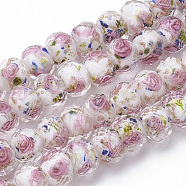 Handmade Gold Sand Lampwork Beads Strands, Inner Flower, Faceted Rondelle, White, 11~12x8~9mm, Hole: 1.6~2mm, about 45pcs/strand, 17.3 inch(LAMP-R141-12mm-12)