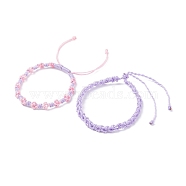 2Pcs 2 Colors Peach Blossom Braided Cord Bracelet, Friendship Lucky Adjustable Bracelet for Women, Lilac, Inner Diameter: 2-1/4 inch(5.6cm)~4-1/4 inch(10.9cm)(BJEW-JB07610-05)