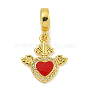 Rack Plating Brass Enamel European Dangle Charms, Clear Cubic Zirconia Wing Heart Large Hole Pendants, Real 18K Gold Plated, Long-Lasting Plated, Cadmium Free & Lead Free, Red, 27mm, Hole: 5mm(KK-I718-26G-02)