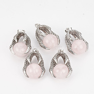 Natural Rose Quartz Pendants, with Alloy Findings, Eagle Claw, Antique Silver, 36x24x16mm, Hole: 7x4mm(G-S292-01D)